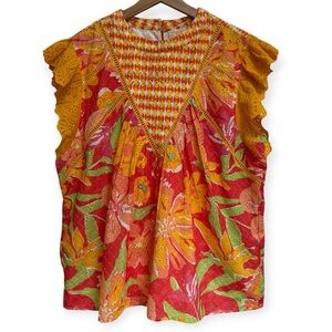 Anthropologie Floral Ruffle Eyelet Blouse in Red, Yellow, Green